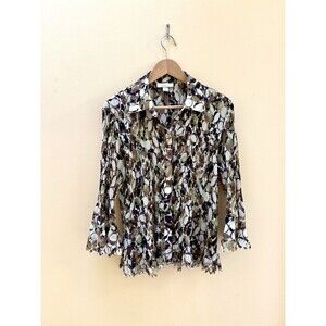 Dress Barn Sheer Pleated Boho Green/brown Trim Artsy Bell Sleeve Flowy Top Large